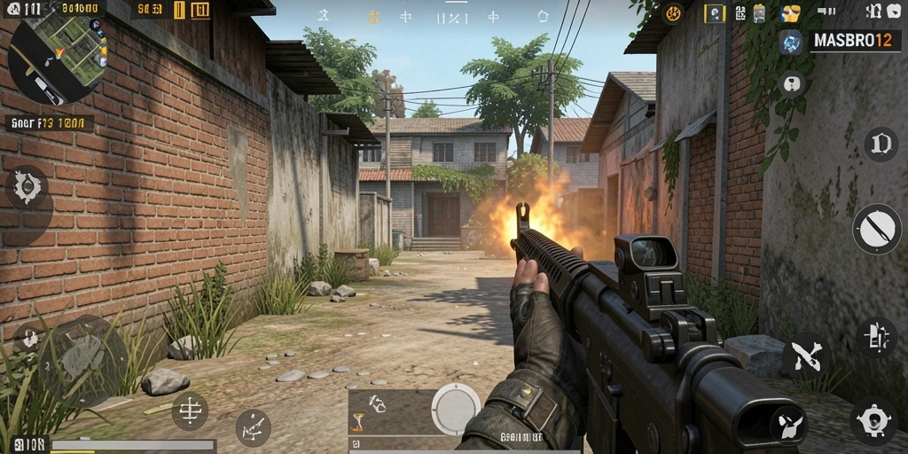 Tampilan gameplay seru dari <strong>MASBRO12</strong> menunjukkan aksi menembak yang intens.
