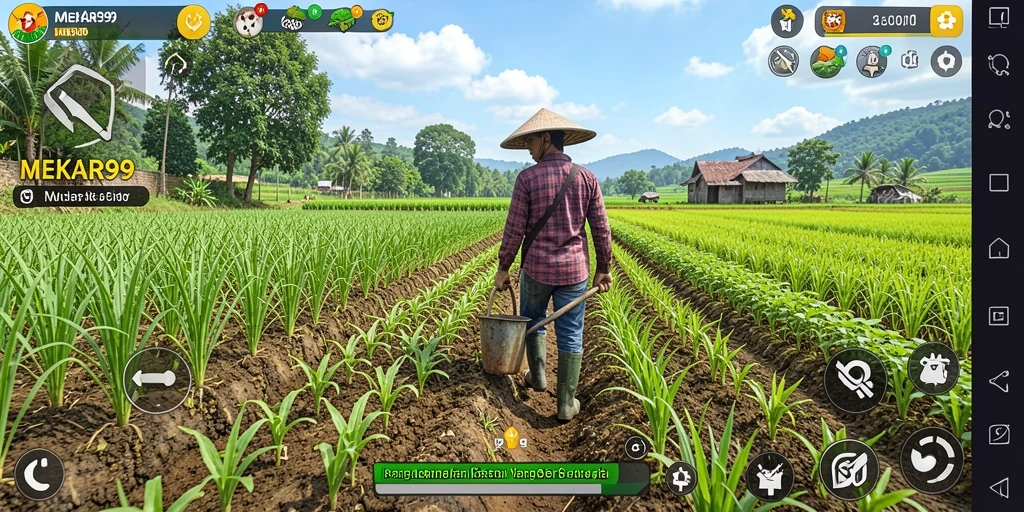 Tampilan gameplay <strong>MEKAR99</strong> dengan ladang indah dan berbagai aktivitas pertanian.