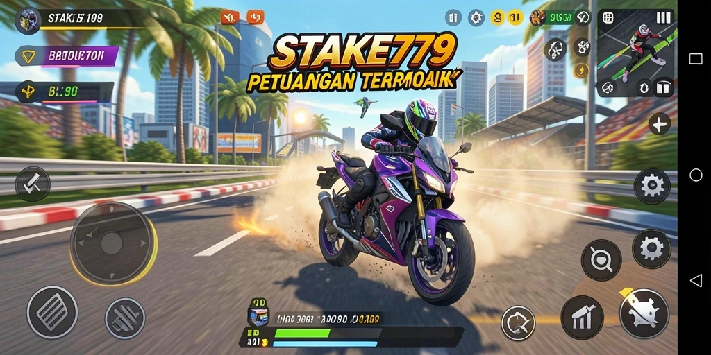 Screenshot gameplay STAKE779 menampilkan aksi balap motor yang intens.